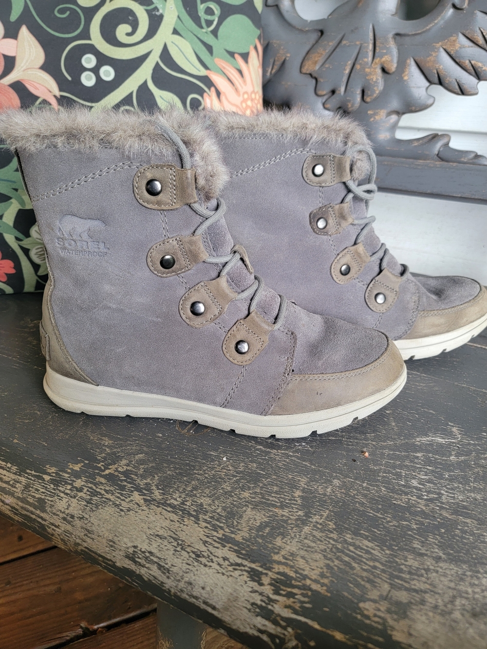 Sorel Women’s Grey Suede Fur-Trim Winter Boots Size 8.5